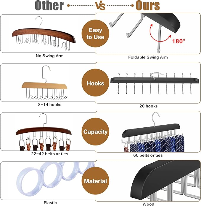Tie Rack Hanger for Closet, 2 in 1 Belt Tie Hangers with 20 Folding Hooks, 360 Degree Rotating Wooden Tie Holder Organizer for Men Ties Belts Scarves Tank Tops Accessories, Black (2 Pack)