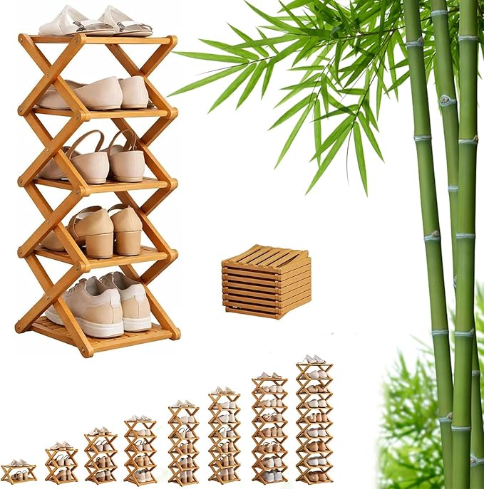 9 Tier Bamboo Shoe Rack, Foldable Shoe Rack, Shoe Rack, Ertical Shoe Organizer for Small Spaces, No Assembly Narrow Shoe Shelf for Entryway Closet Dorm (Yellow, 5 Layers)