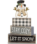 Yuntau 4 Pcs Winter Table Decorations Wooden Snowman Winter Tiered Tray Decor Rustic Block Signs Gift Farmhouse Christmas Centerpiece for Tables Party Kitchen Shelf Home