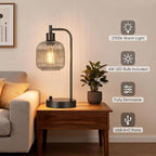 QiMH Industrial Table Lamp for Bedroom Set of 2, Grey Glass Beside Lamp with USB A&C Ports, Stepless Dimmable Black Lamps, Nightstand Lamps for Living Room, Office, Home Decor(Bulb Included)