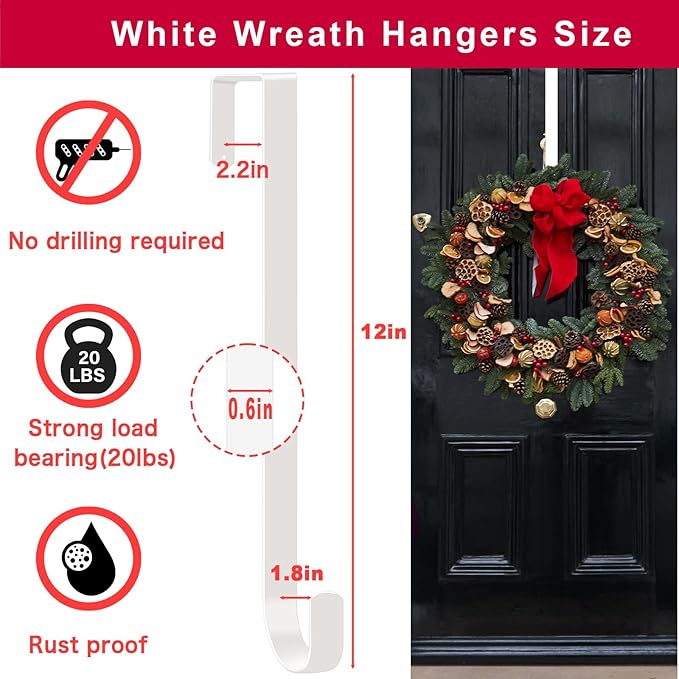 ESFUN Black Wreath Hanger for Front Door, Metal Wreath Hooks Holder Over The Door Wreath Hanger for Hanging Christmas Decorations Xmas Decor (2 Pack-White, 12 Inch)