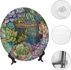 Garden Scenery Theme Decorative Ceramic Plate Round Porcelain Plate,Succulents and Bird Cage Pattern,for Decorative Ornaments Giving Plates, 1 Plate with 1 Display Stand,Green,6 inch