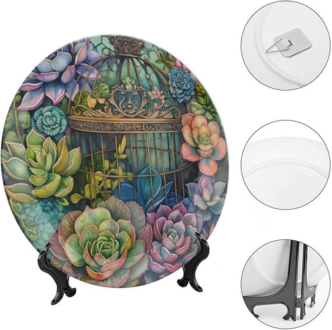 Garden Scenery Theme Decorative Ceramic Plate Round Porcelain Plate,Succulents and Bird Cage Pattern,for Decorative Ornaments Giving Plates, 1 Plate with 1 Display Stand,Green,7 inch