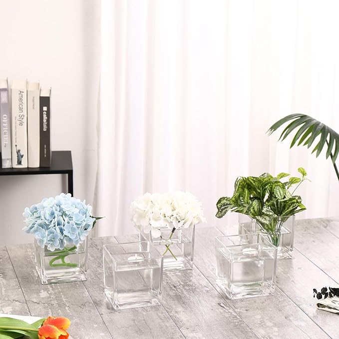 Square Glass Vases Set of 9, 4"x 4"x 4" Flower Vases for Centerpieces, Clear Glass Vase for Flowers, Small Vase for Wedding, Party, Home Office Decoration
