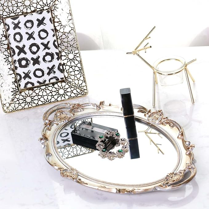 Polyresin Ellipse Antique Decorative Mirror Tray, Makeup Organizer, Jewelry Organizer, Serving Tray, 9.8”x 14.6”, Golden Silver