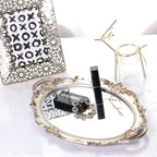 Polyresin Ellipse Antique Decorative Mirror Tray, Makeup Organizer, Jewelry Organizer, Serving Tray, 9.8”x 14.6”, Golden Silver