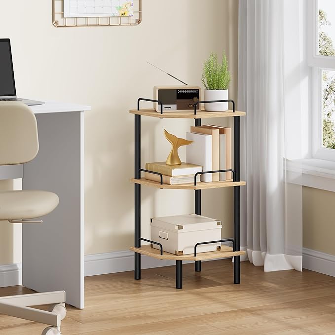 Tajsoon Corner Shelf Stand, 3 Tier Industrial Corner Shelves, Multipurpose Standing Display Shelf, Corner Shelving Unit for Bedroom, Living Room, Office, Kitchen, Natural