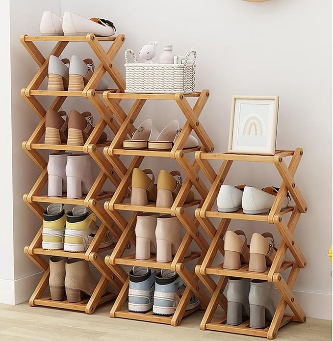 9 Tier Bamboo Shoe Rack, The 9-Tier No-Assembly Bamboo Rack, Foldable Bamboo Shoe Rack, Foldable Vertical Organizer, Vertical Shoe Organizer for Small Spaces (Brown)