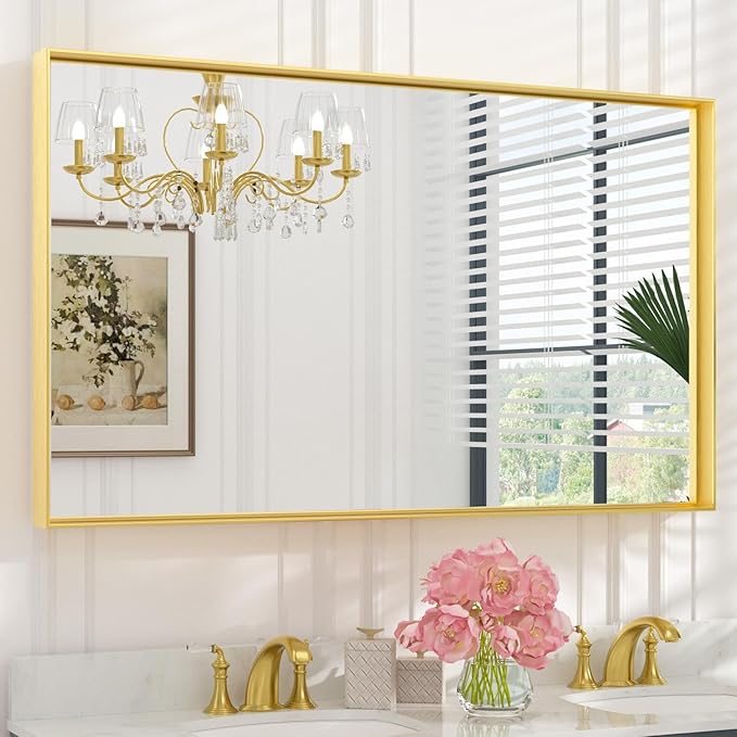 Keonjinn Gold Bathroom Mirror 48 x 30 Inch, Gold Trimmed Bathroom Wall Mirror, Large Brushed Metal Frame Mirrors for Over Sink, Modern Farmhouse Vanity Rectangle Mirrors(Horizontal/Vertical)
