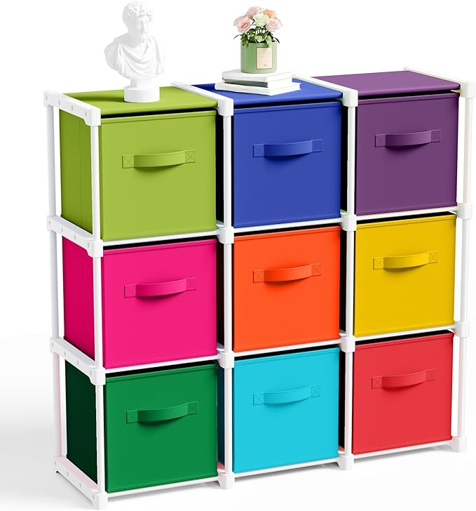 9 Cube Storage Organizer with Shelf Back to School Boxes 11 Inch Toy Storage Bins Closet Organizers Drawers Fabric Dresser for Playroom Books Bedroom Dorm Kitchen (Multicolor)