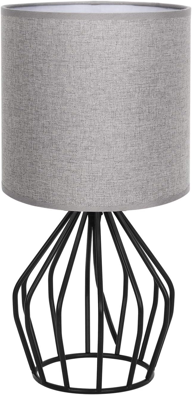 HAITRAL Farmhouse Table Lamp - Small Nightstand Lamp for Bedroom, Black Metal Cage Table Lamp for Living Room, Dorm, Office with Hollowed Out Base, Gray