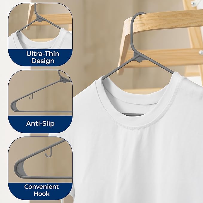 SereneLife 50 Pack Plastic Hangers, Non-Slip, Space-Saving Closet Organizers, Durable and Strong for Shirts, Sweaters, Hoodies, Kids Clothes & Dresses, Ultra-Thin, Lightweight