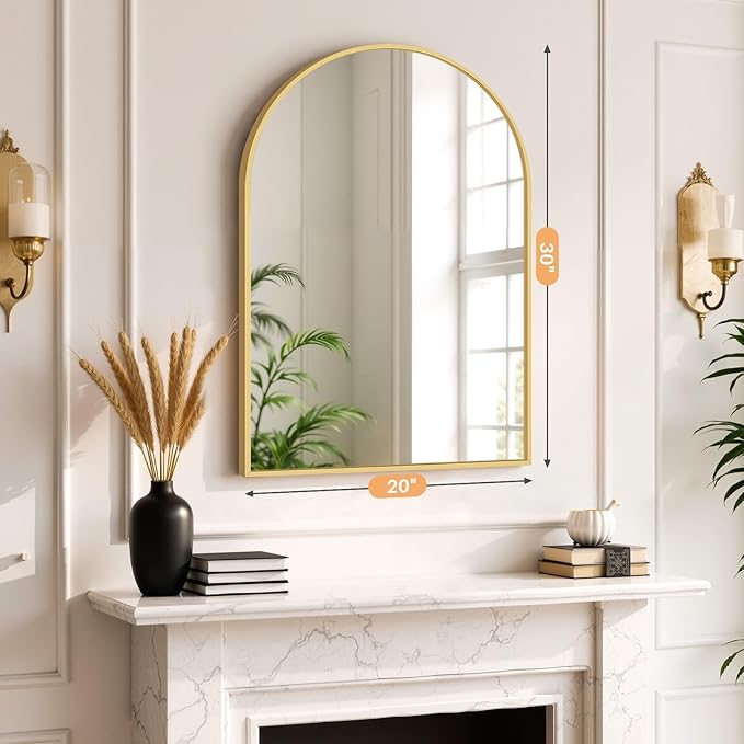 Bathroom Mirror for Wall, 30x20 Inch Arched Mirror, Matte Gold Metal Framed Bathroom Vanity Mirror for Restroom Farmhouse, Anti-Rust, Tempered Glass, Hanging or Leaning