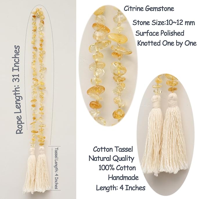 Natural Gemstone Bead Garland with Tassel,31inch Farmhouse Rustic Country Table Decor Prayer Healing Beads Boho Wall Shelf Hanging Decoration (Citrine)