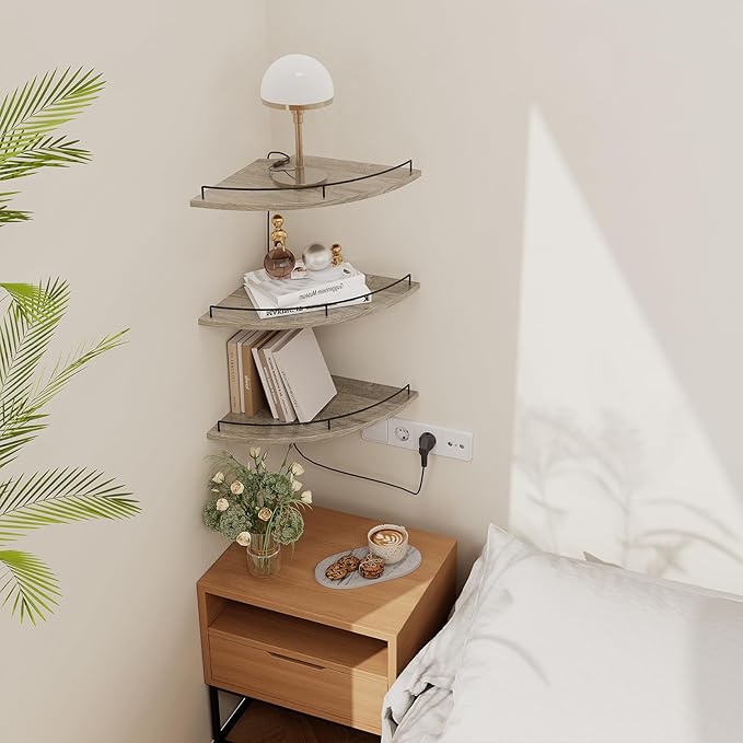 JJL Corner Shelf Wall Mounted, 12 Inches 3-Tier Floating Corner Shelf, Fan-Shaped Rustic Wood Decor with Fence, Gray Wood Grain Floating Shelves for Apartment Bedroom Kitchen Bathroom