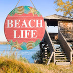 Beach House Sign Wall Decor, Summer Beach Hanging Sign Decor Farmhouse Wall Decorations Seashell Wood Sign for Front Door, Patio, Porch, Bathroom, Housewarming Gift for Beach House Home, Beach Life