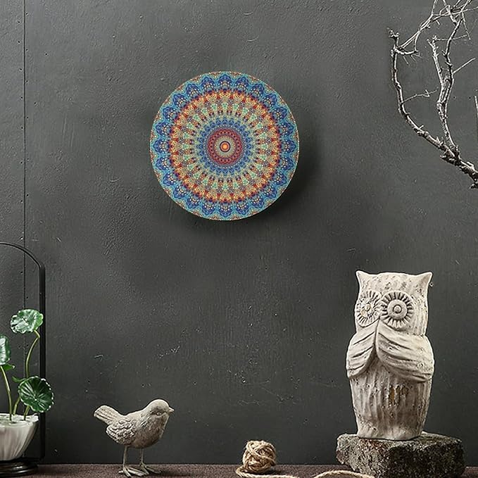 Colorful Decorative Plates, 8 Inch, Blue Mandala Boho Round Display Plate, Decorative Plates with Stand, for Kitchen Party Coffee Table Decor Art
