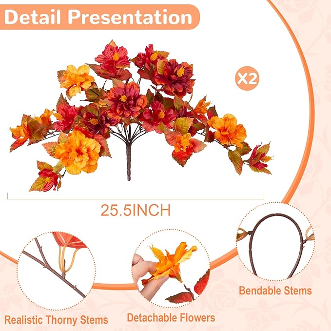 Fall Flowers Artificial for Outdoors Decoration, 2PCS Fake Fall Flowers for Outdoor Planters, Autumn Faux Hibiscus UV Resistant No Fade for Home Porch Patio Garden Balcony Yard Indoor Decor