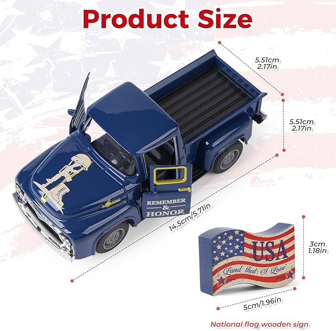 Memorial Day Patriotic Truck Decor, Americana Vintage Pickup Truck Tabletop Decoration, Rustic Farmhouse Tiered Tray Decor for 4th of July Independence Day Home Office