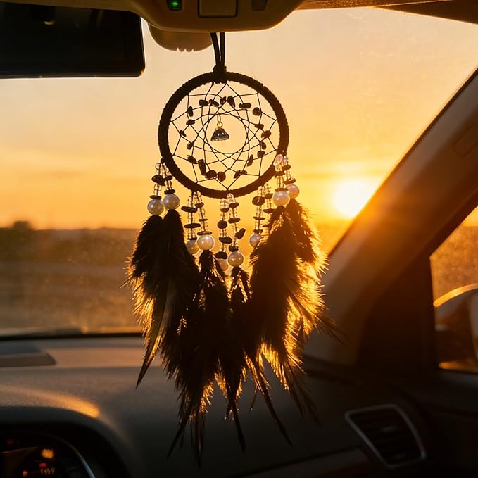 Mini Dream Catcher for Car Rear View Mirror Accessories,Handmade Small Dream Catchers Boho Car Charm Interior Decor（Black）