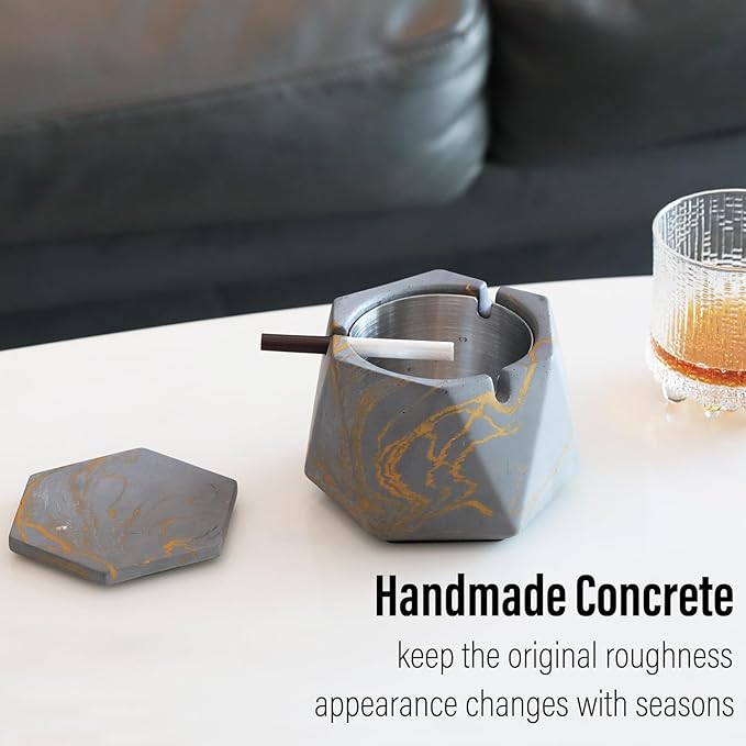 FREELOVE Concrete Ashtray with Lid & Stainless Steel Ashtrays for Cigarettes, Cement Ash Tray Smoking Holder Indoor Smokeless Outdoor Windproof Patio Home Office Cool Decor(Grey-Gold, Large)