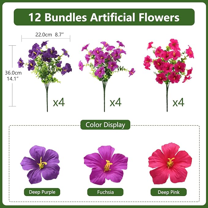 Artificial Fake Petunias Flowers for Outdoors Spring Decoration, 12 Bundles Faux Flower Plants UV Resistant Realistic Silk Flower for Outside Planters Patio Porch Yard Window Box (3 Mix Colors)