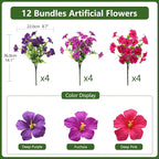 Artificial Fake Petunias Flowers for Outdoors Spring Decoration, 12 Bundles Faux Flower Plants UV Resistant Realistic Silk Flower for Outside Planters Patio Porch Yard Window Box (3 Mix Colors)