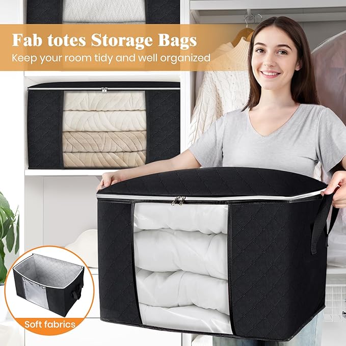 Fab totes 24 Gallons Clothes Storage, Foldable Thick Fabric Blanket Storage Bags, Containers for Organizing Bedroom, Closet, Clothing, Comforter, Organization with Handle (6 Pack,Black)