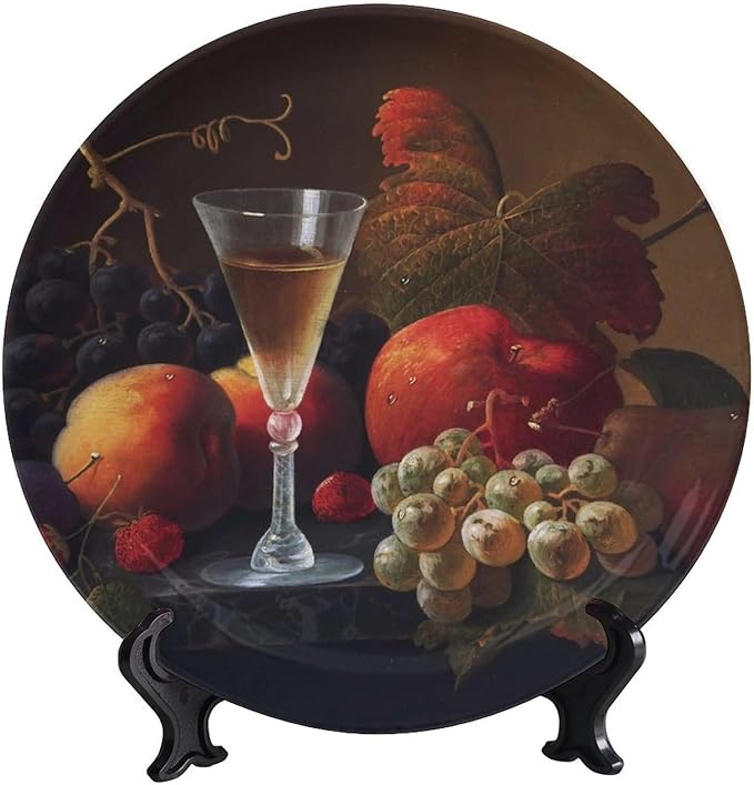 Wine Decorative Plate Stand, 6 Inch, Fruits and Wine Round Display Plate, Hanging Decorative Plate with Display Stand, for Home Kitchen Bedroom Decorative Ornaments