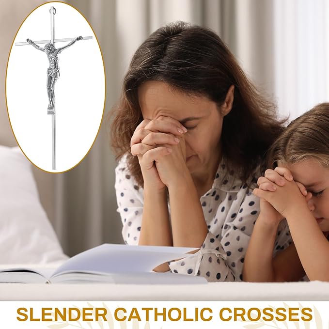 Leinuosen 4 Pieces Crucifix Wall Cross Catholic Slender Metal Crosses Wall Decor for Home Decor Hanging Jesus, 10 x 5 x 1 Inches(Silver)
