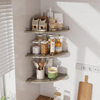 JJL Corner Shelf Wall Mounted, 12 Inches 3-Tier Floating Corner Shelf, Fan-Shaped Rustic Wood Decor with Fence, Gray Wood Grain Floating Shelves for Apartment Bedroom Kitchen Bathroom