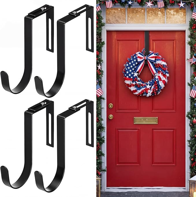 LEIFIDE 4 Pcs Width Adjustable Wreath Hanger for Front Door 1.5-3.78" Large Over the Door 4th of July Decoration Hook 20 Lbs Capacity(Black)