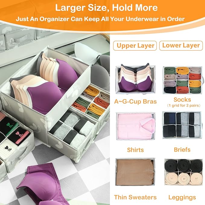 2 Pack Sock Underwear Drawer Organizer Divider - Closet Organizers and Storage Dresser Organizer Wardrobe Clothes Box Storage Bins with Lid for Bra, Socks, Leggings, Shirt, Panty (Grey)