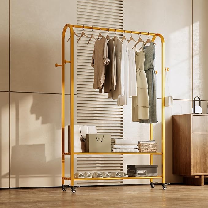 Sturdy Heavy Duty Clothes Rack With Wheels,Modern Clothing Rack With Shelves & hooks, Garment Racks for Hanging Clothes,Closet Rack for Bedroom,49.21in Wide,Clothes Storage and Display (gold)