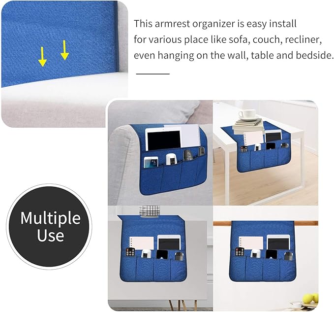 Sofa Armrest Organizer, Remote Control Holder for Recliner Couch, Arm Chair Caddy with 6 Pockets for Magazine, Tablet, Phone, iPad (Blue, W19'' x L33'')