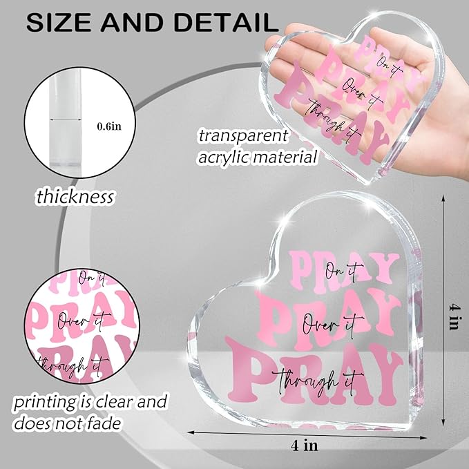 Pray on it Pray over it Pray through it Heart Acrylic Sign, Mother's Day Decorative, Pink Dorm Room Decor for Women, Pink Office Desk Accessories Decor Sign, Bathroom Acrylic Sign(Heart)