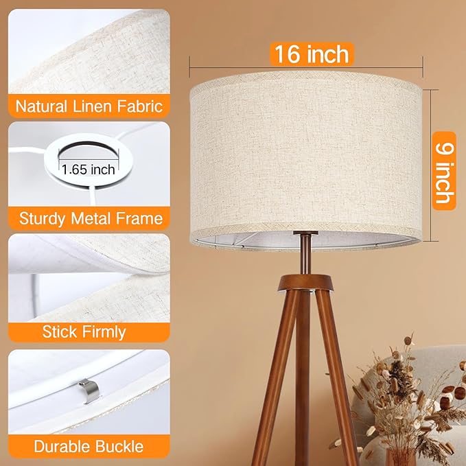 OUTON Beige Lamp shades Set of 2, Large Drum Lamp Shades for Floor Lamps, 16" Top x 16" Bottom x 9" High, Easy to Assemble, Replacement Linen Lampshades for Table Lamps & Bedside Lamps (1.65" Spider)