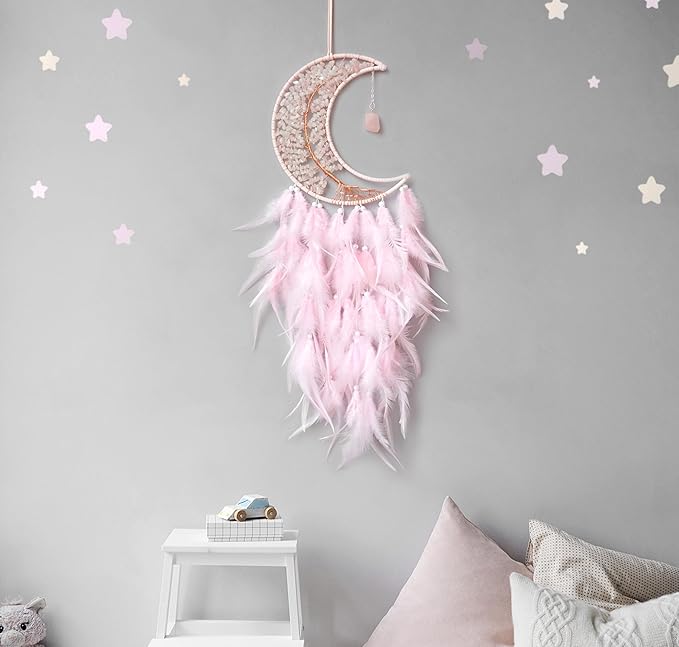 Moon Dream Catchers with Chakra Gemstone Agate Stone, Crystal Tree Life Dream Catchers Wall Hangings Room Decor (Pink)