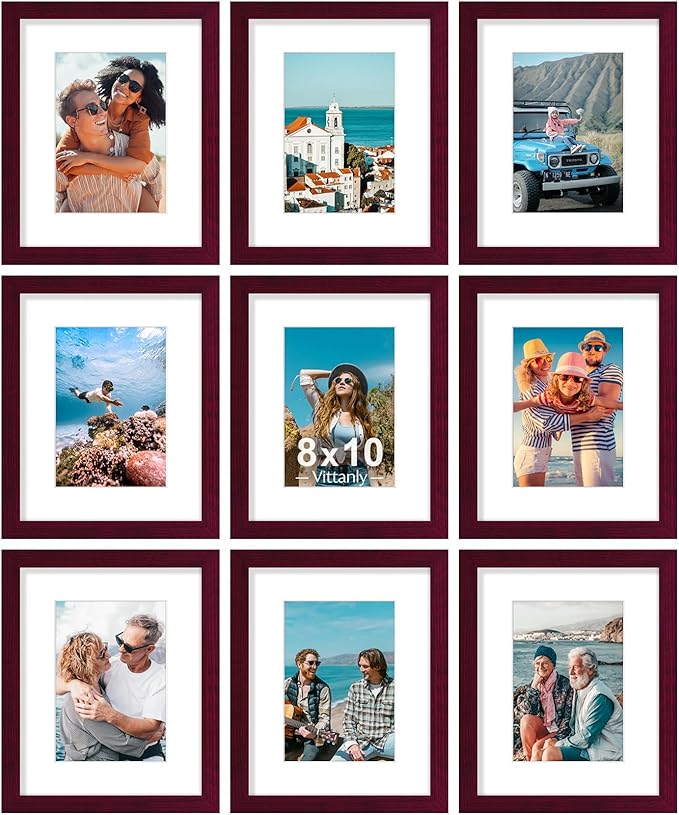 Vittanly 8x10 Picture Frames Set of 9, Shatter Resistant Plexiglass, Display 5x7 Pictures with Mat or 8x10 without Mat, Photo Frames for Wall or Tabletop, Engineered Wood, Cherry Red