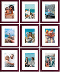 Vittanly 8x10 Picture Frames Set of 9, Shatter Resistant Plexiglass, Display 5x7 Pictures with Mat or 8x10 without Mat, Photo Frames for Wall or Tabletop, Engineered Wood, Cherry Red