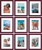 Vittanly 8x10 Picture Frames Set of 9, Shatter Resistant Plexiglass, Display 5x7 Pictures with Mat or 8x10 without Mat, Photo Frames for Wall or Tabletop, Engineered Wood, Cherry Red
