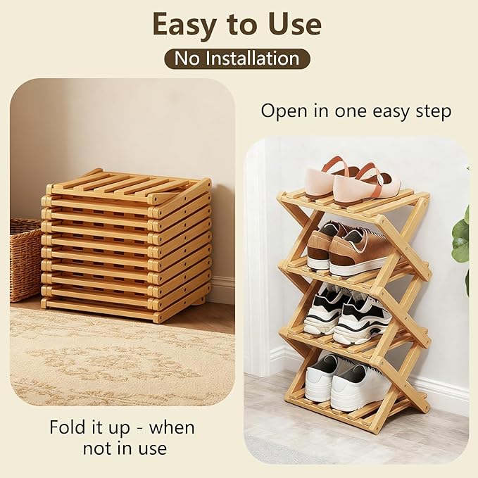 Simcat Bamboo Shoe Rack, Portable Folding Shoe Storage Rack,No Installation Free Standing Shoe Rack for Entryway, Closet, Dorm/Small Spaces (4 Tier)