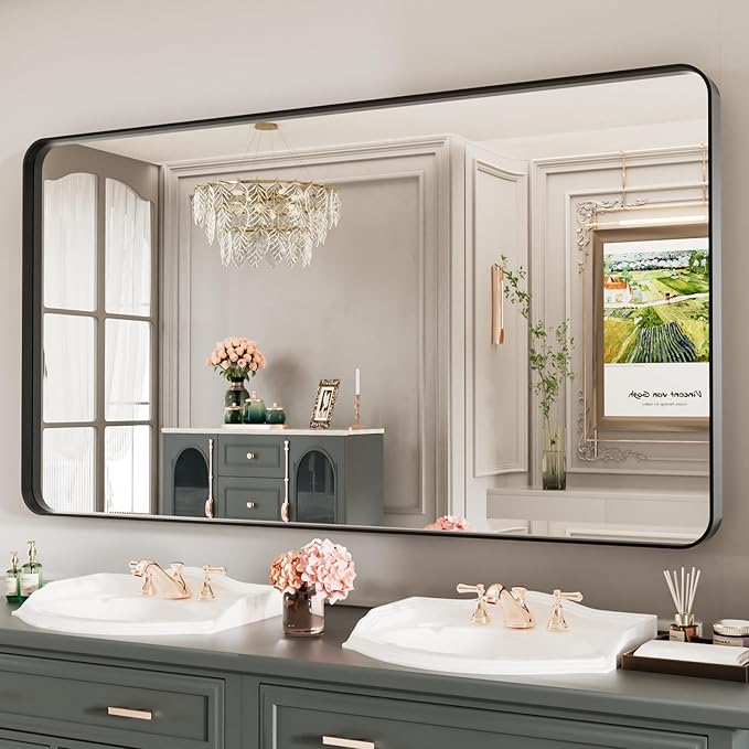 LOAAO Black Metal Framed Bathroom Mirror for Wall, Large 55X30 Inch Rounded Rectangle Mirror, Matte Black Bathroom Vanity Mirror Farmhouse, Anti-Rust, Tempered Glass, Hangs Horizontally or Vertically
