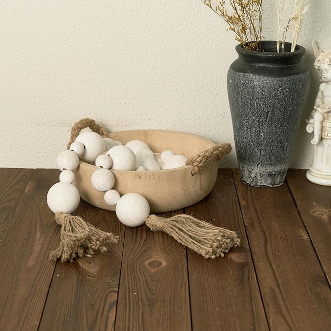2" Extra Large Wood Bead Garland with Tassels, 50" Long Rustic Farmhouse Wooden Beads Garland, Decorative Beads Boho Decorations for Home Table Mantle White