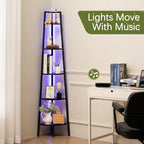 Yoobure Corner Shelf Stand, 5-Tier Bookshelf with LED Lights & Steel Frame, Tall Storage Shelves for Living Room, Bedroom, Office, Multi-Purpose Display Bookcase