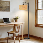 QIYIZM Floor Lamp for Living Room Bedroom Farmhouse Arc Rattan Boho Standing Lamp with Remote Dimmable Black Wicker Bamboo Lamp Shade Floor Light Adjustable Tall Lamp Industrial Floor Lamps Bohemian