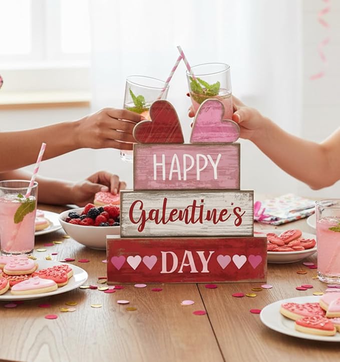 Yuntau 5 Pcs Happy Galentines Day Decorations Wooden Hearts Table Centerpiece Happy Galentines Day Party Table Sign for Valentines Tiered Tray Desk Mantle Shelf Decor