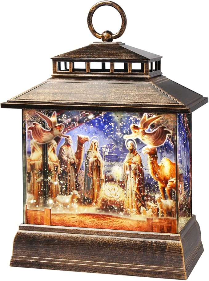 Christmas Snow Globe Lantern Water Glittering Lantern with 8 Songs & 6H Timer Romote Control Christmas Snow Globes USB & Battery Operated for Christmas Festival Decorations Gifts (Nativity)