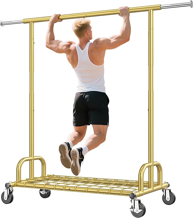 Raybee Heavy Duty Clothes Rack, Gold Clothing Racks for Hanging Heavy Clothes 200+, Rolling Clothing Rack Load 530 LBS, Extendable & Adjustable Portable Commercial Garment Rack with Wheels, Gold