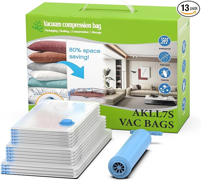 AKLL7S Vacuum Storage Bags, 13 Combo Space Saver Bags (3 Large, 5 Medium, 5 Small) with Hand Pump, Vacuum Seal Bags for Clothing, Comforters, Blankets, Travel